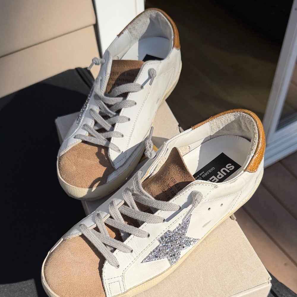 Golden Goose White and Tan Sneakers with Silver Star